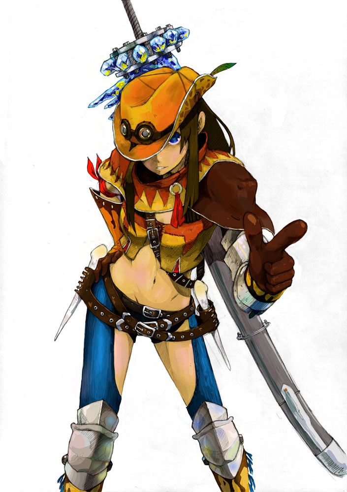 1girl, bad_id, bad_pixiv_id, beijuu, belt, blue_eyes, brown_hair, capcom, cowboy_hat, female_focus, gloves, hat, long_hair, looking_at_viewer, midriff, monster_hunter_(series), navel, one_eye_covered, pointing, pointing_at_viewer, poncho, scoutsmiso, solo, sword, weapon, wroggi_(armor)
