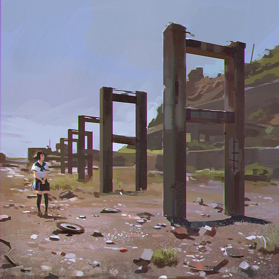 1girl, day, female_focus, hashima_island, ilya_kuvshinov, original, photo-referenced, ruins, scenery, school_uniform, serafuku, skirt, sky, solo, thighhighs, very_wide_shot, zettai_ryouiki