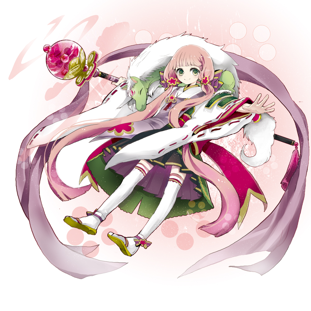 10s, 1girl, blunt_bangs, commentary_request, flower, full_body, green_eyes, hair_flower