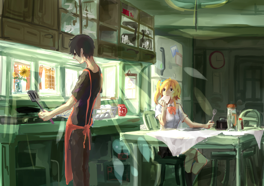 1boy, 1girl, absurdres, apron, black_hair, bow, bread, brother_and_sister