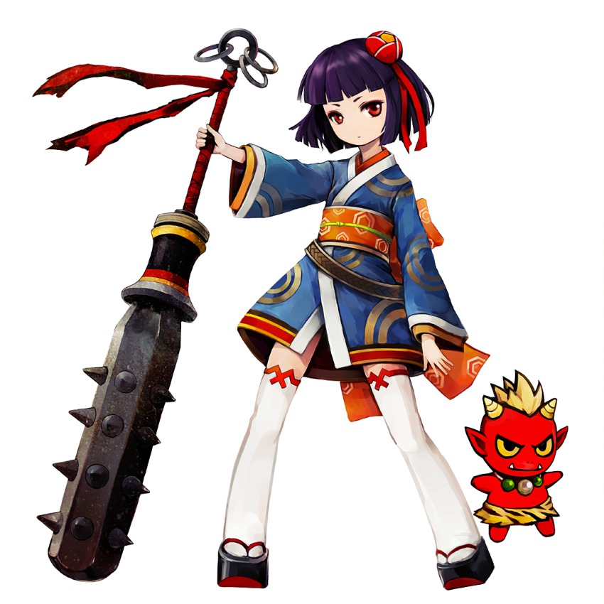 10s, 1girl, club, club_(weapon), colored_sclera, colored_skin, hair_ornament, hironox, horns, iwate_prefecture, japanese_clothes, kanabou, kimono, mahou_shoujo_taisen, mahou_shoujo_taisen_contest_1, obi, ogre, purple_hair, red_eyes, red_skin, sandals, sash, spiked_club, thighhighs, weapon, white_thighhighs, yellow_sclera, yuki_(mahou_shoujo_taisen)_(hironox)