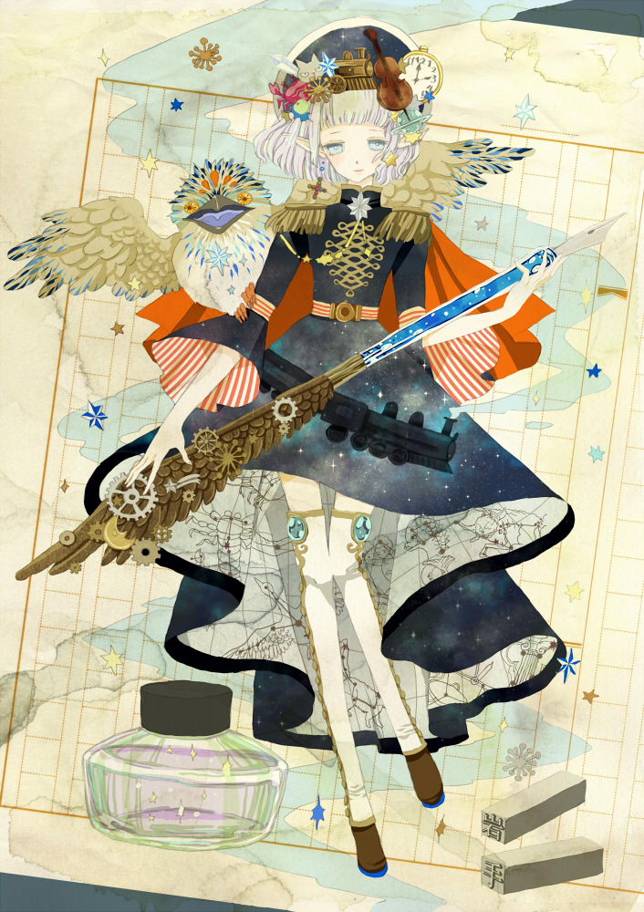 10s, 1girl, a_world_underneath, bird, cancer_(constellation), cello, clammbon_(mahou_shoujo_taisen), cross