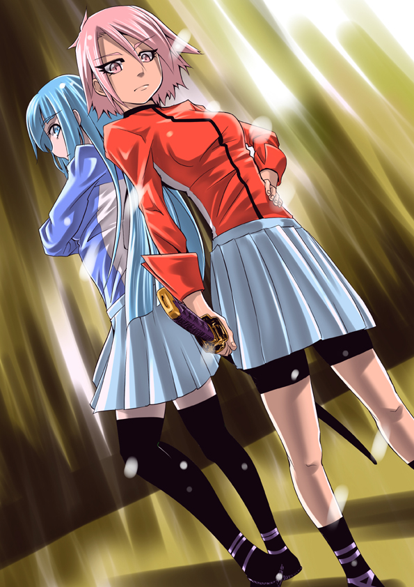 2girls, back-to-back, bike_shorts, blue_eyes, blue_hair, breasts, dutch_angle, hairband