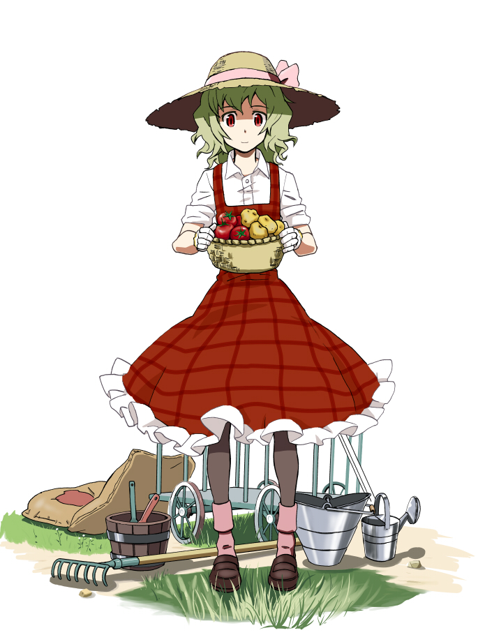 1girl, basket, bucket, carrying, cart, female_focus, food, gloves
