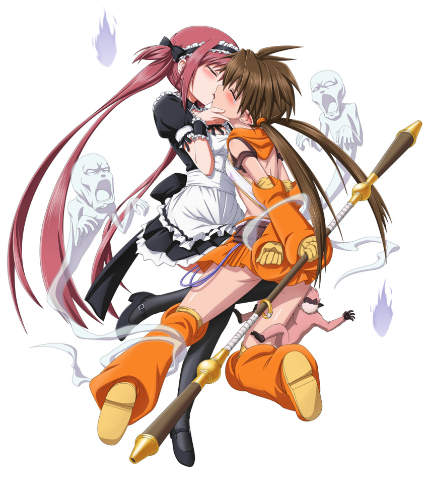 2girls, airi_(queen's_blade), airi_(the_infernal_temptress), apron, bdsm, black_legwear, blush, bondage, bound, bow, brown_hair, closed_eyes, elf, forest_keeper_nowa, french_kiss, frills, ghost, hair_bow, highres, hobby_japan, kiss, long_hair, maid, maid_apron, maid_headdress, monkey, multiple_girls, nowa_(queen's_blade), pointy_ears, queen's_blade, queen's_blade_lost_worlds, red_hair, restrained, ruu_(queen's_blade), shirosame, skirt, staff, tears, thighhighs, twintails, yuri