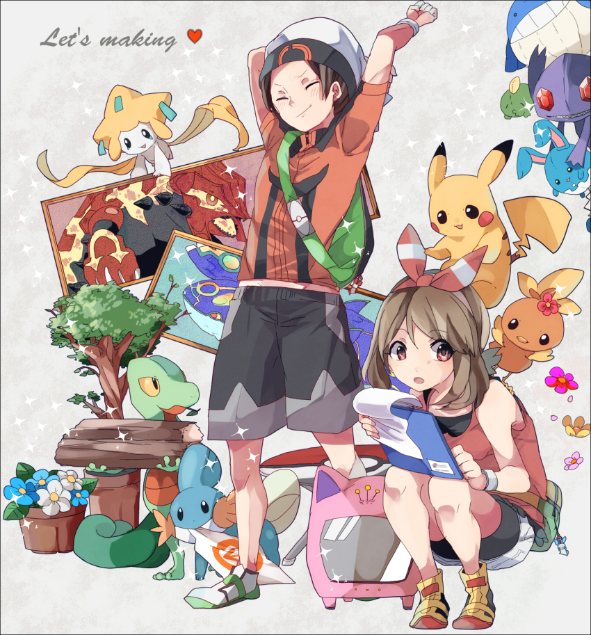 10s, 1boy, 1girl, azumarill, backpack, bad_id, bad_pixiv_id, bag