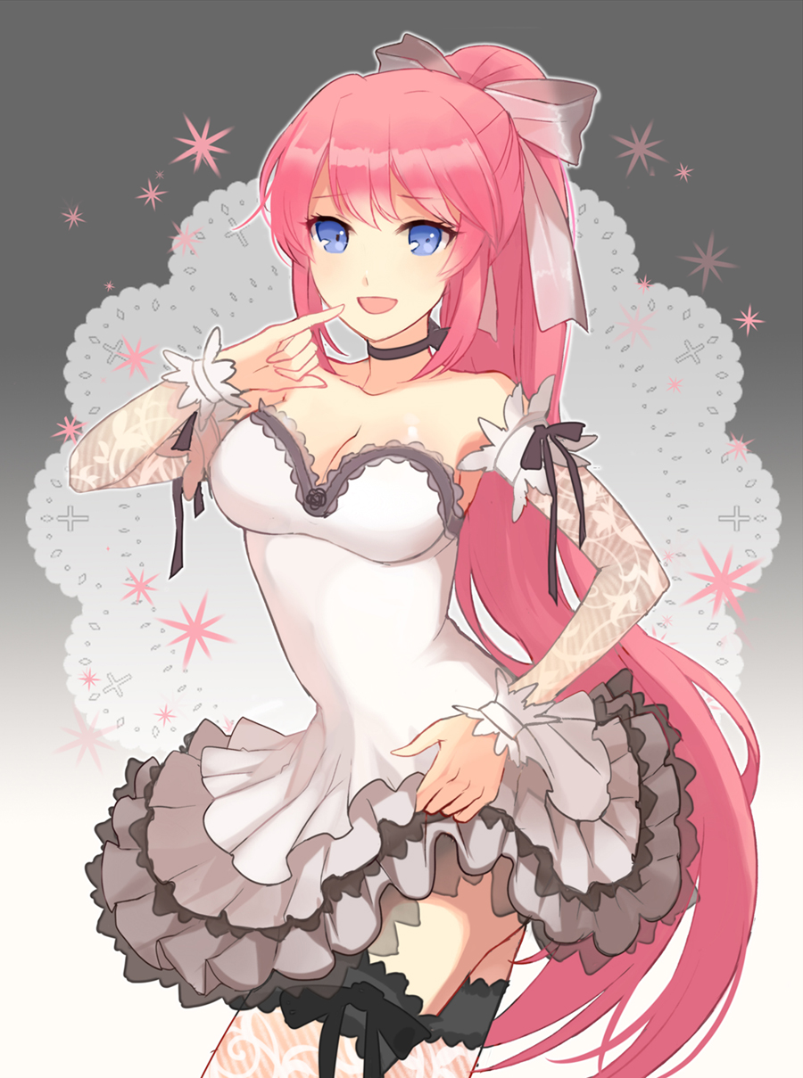 1girl, :d, alternate_costume, alternate_hairstyle, apring, arm_warmers, bad_id, bad_pixiv_id