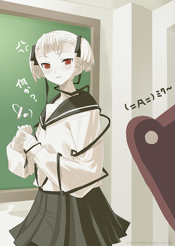 albino, chalkboard, original, pale_skin, red_eyes, ribbon, sango_(53box), school_uniform