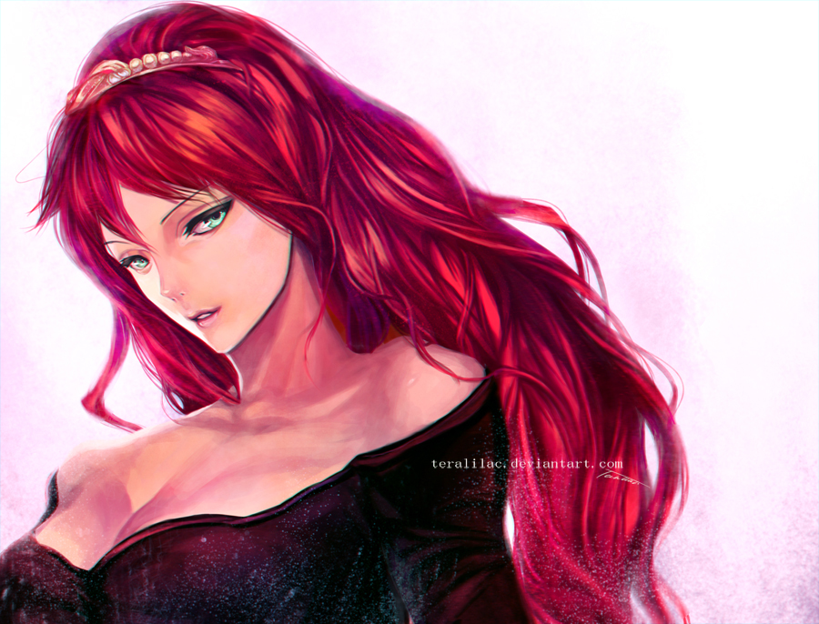 1girl, bare_shoulders, female_focus, green_eyes, long_hair, original, red_hair, signature, solo, teralilac, tiara, watermark, web_address