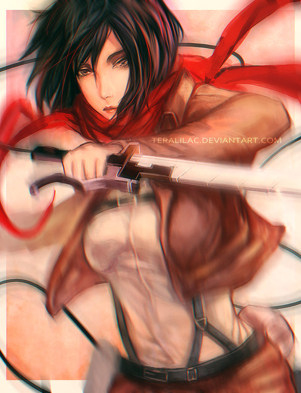 1girl, black_hair, female_focus, jacket, mikasa_ackerman, scarf, shingeki_no_kyojin, short_hair, solo, suspenders, sword, teralilac, watermark, weapon, web_address
