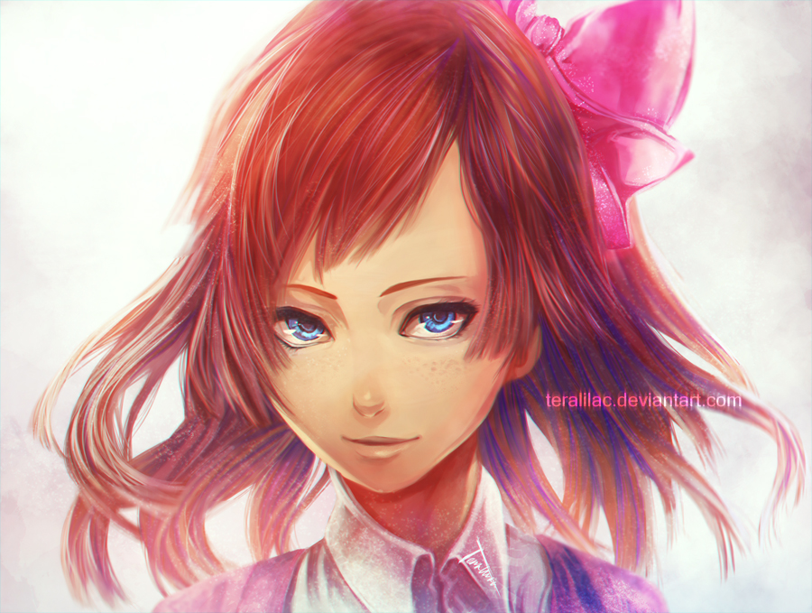 1girl, blue_eyes, female_focus, hair_ribbon, original, portrait, red_hair, ribbon