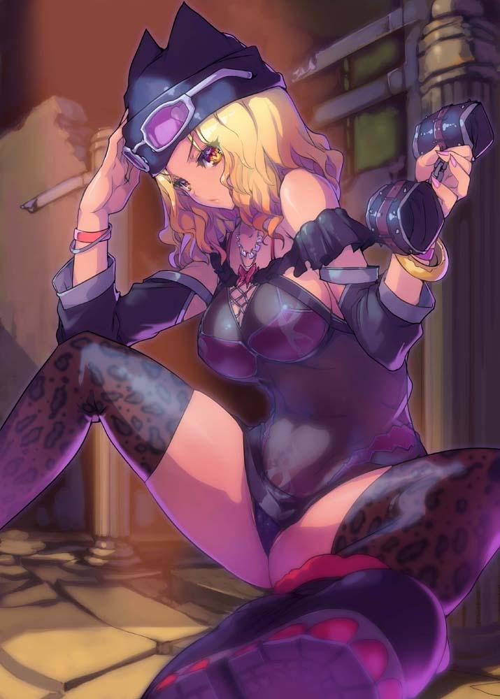 1girl, akaga_hirotaka, animal_print, black_panties, blonde_hair, bracelet, breasts, eyewear_on_head, female_focus, girls_for_m, hat, jewelry, large_breasts, leopard_print, lots_of_jewelry, nail_polish, panties, patterned_legwear, print_thighhighs, sitting, solo, thighhighs, underwear, yellow_eyes