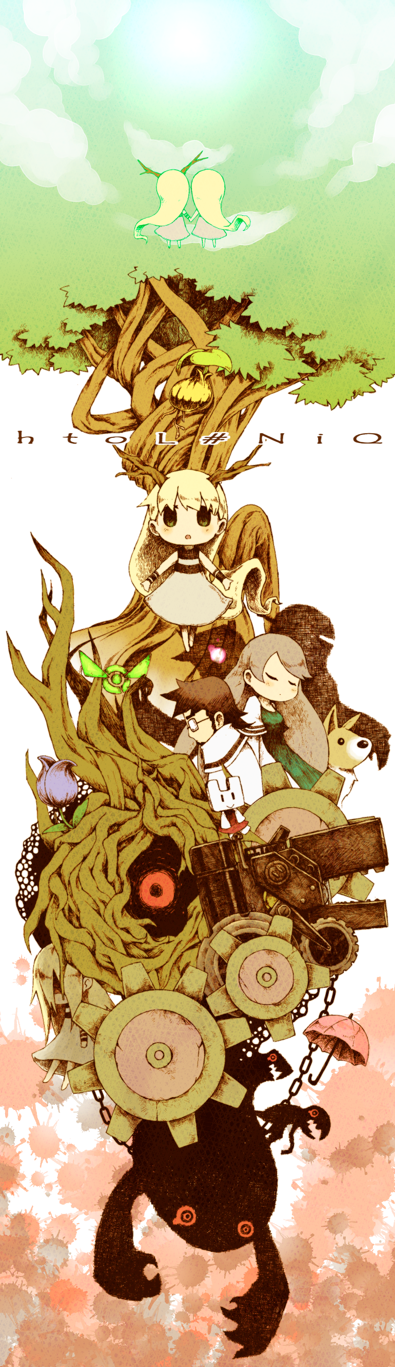 1boy, absurdres, antlers, bad_id, bad_pixiv_id, chain, character_request, copyright_name, dog, doll, flower, gears, glasses, glowing, glowing_eyes, highres, horns, hotaru_(htol#niq), htol#niq:_hotaru_no_nikki, long_hair, machinery, mion_(htol#niq), multiple_girls, parasol, plant_roots, silhouette, spoilers, sprout, tree, umbrella, very_long_hair, yoshyun