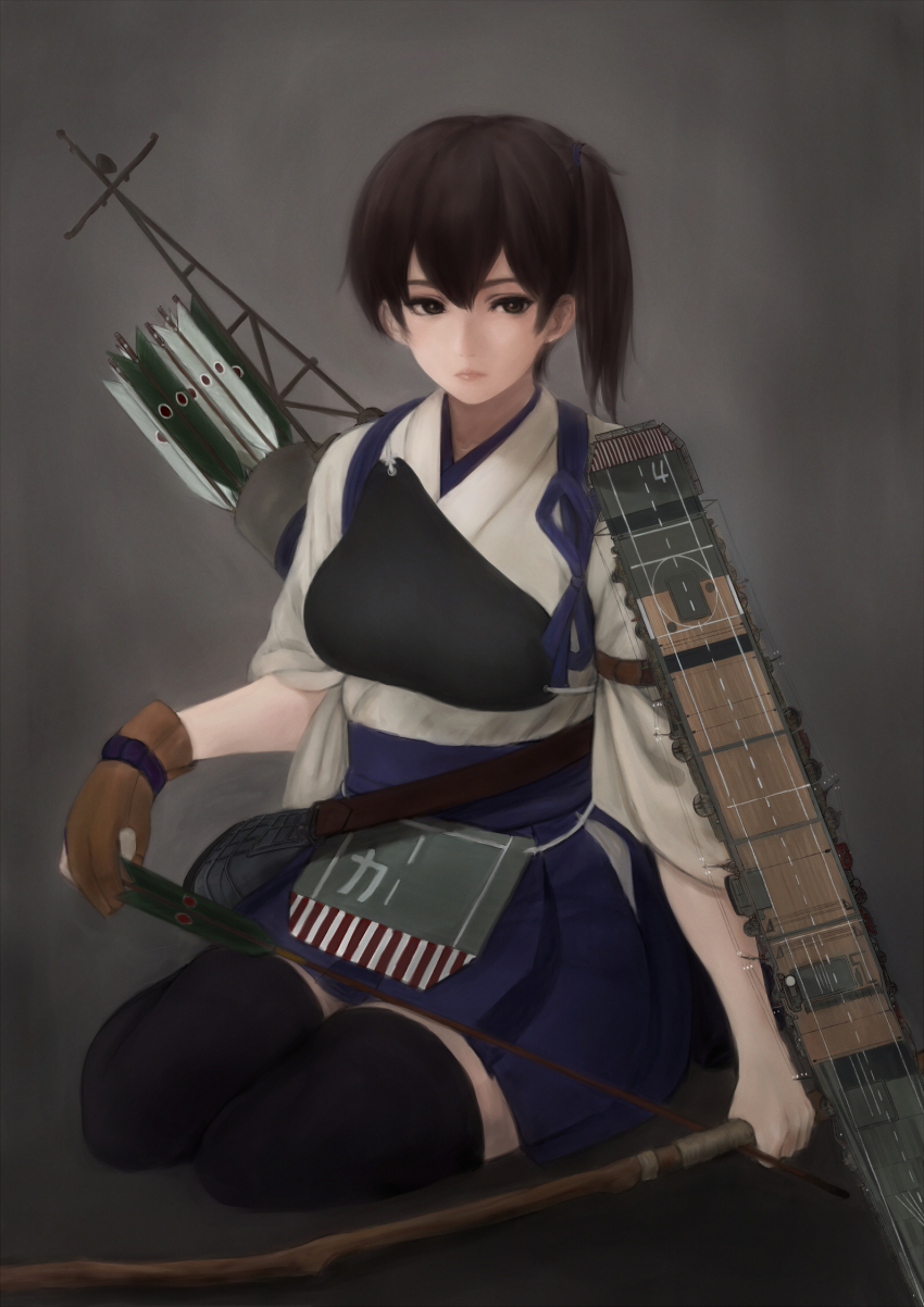 10s, 1girl, archery, arrow_(projectile), black_thighhighs, bow_(weapon), brown_eyes, brown_hair