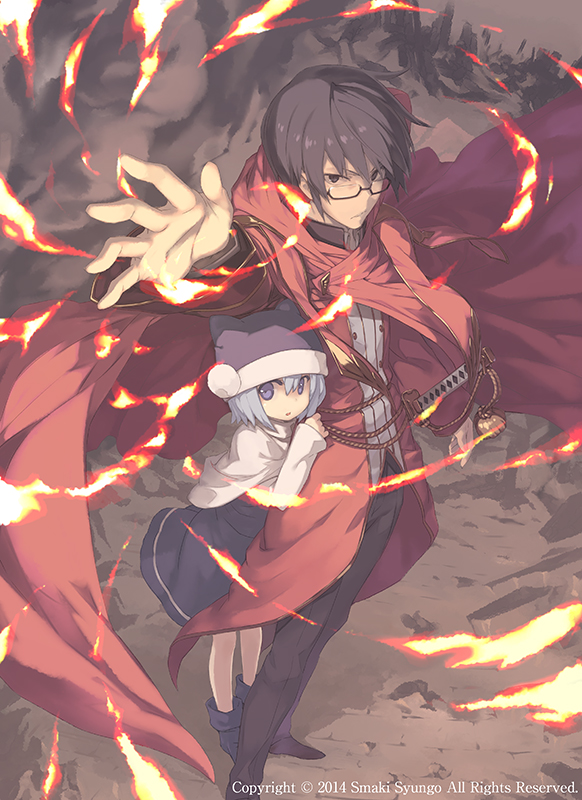 >:/, 1boy, 1girl, :/, aqua_hair, artist_name, blue_eyes, capelet, fire, hat, hiiro_okamura, katana, konjiki_no_moji_tsukai, looking_at_viewer, muir_castreia, official_art, original, reaching, shoes, short_hair, sumaki_shungo, sword, v-shaped_eyebrows, weapon