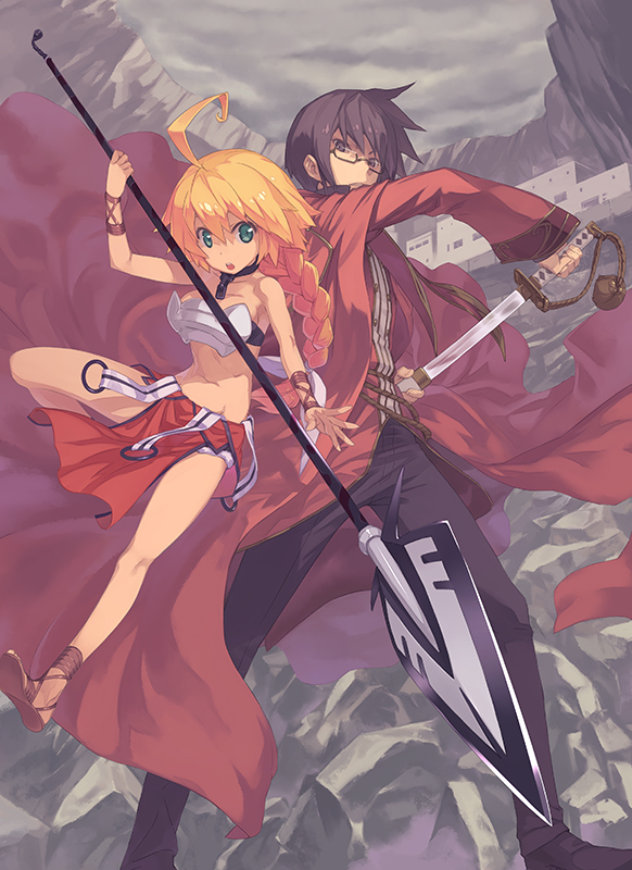 1boy, 1girl, ahoge, blonde_hair, blue_eyes, braid, brown_eyes, brown_hair