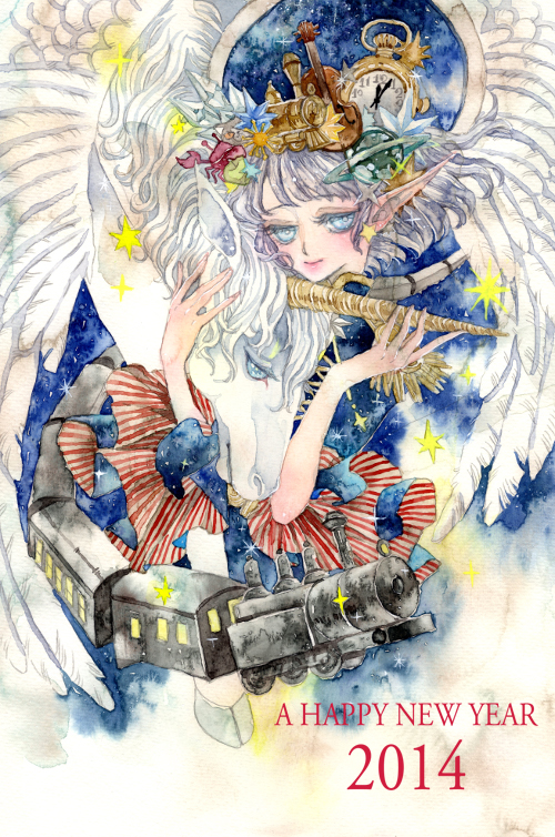 10s, 1girl, cello, clock, crab, happy_new_year, hoshi_meguru, instrument, lips, mahou_shoujo_taisen, mahou_shoujo_taisen_contest_1, mukaida_kaoru, new_year, original, painting_(medium), pegasus, pointy_ears, short_hair, silver_hair, star_(symbol), traditional_media, unicorn, watercolor_(medium), wings