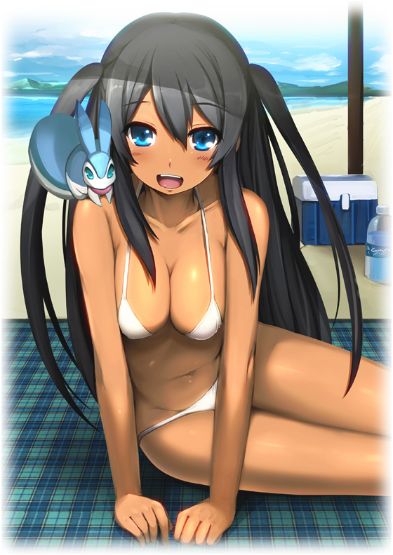 10s, 1girl, :d, arm_support, beach, beach_towel, bikini, black_hair