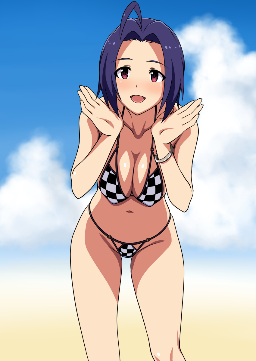 1girl, :d, ahoge, bangle, beach, bikini, blue_hair, blurry