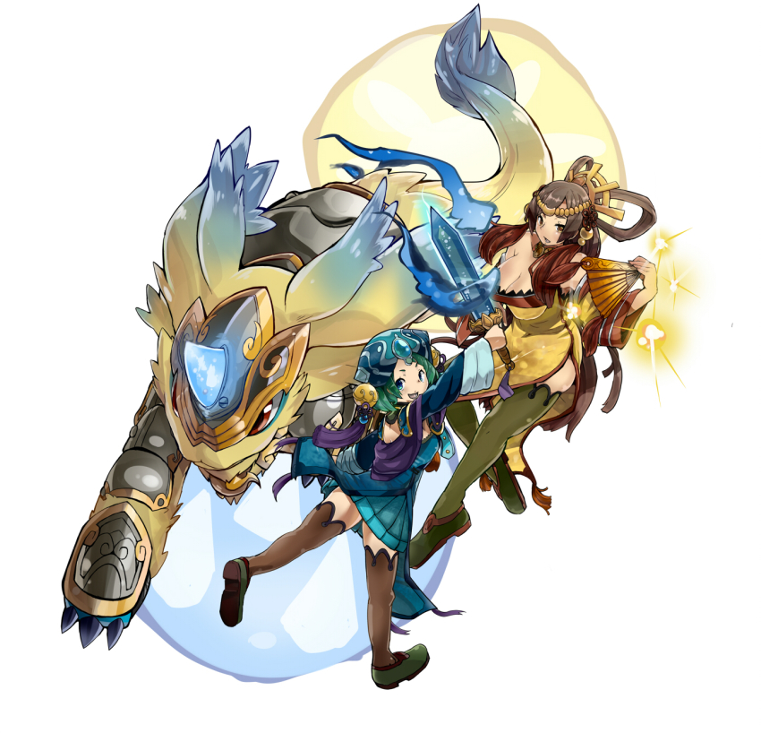 2girls, :d, aqua_hair, armor, bare_shoulders, beads, blue_dress, blue_eyes