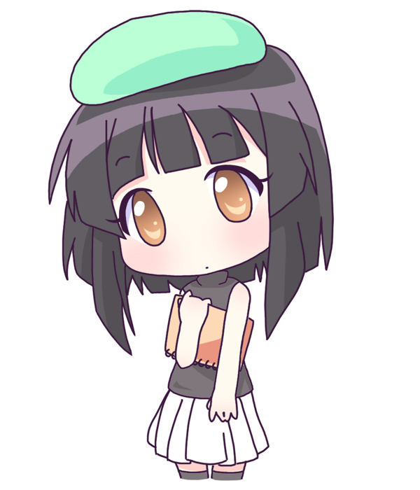 00s, 1girl, beret, black_hair, chibi, doujin_work, female_focus, hat