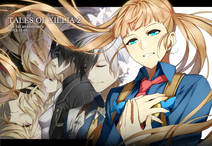 2boys, 3girls, aged_up, aqua_eyes, bad_id, bad_pixiv_id, black_hair, brown_hair, elle_mel_marta, lal_mel_marta, long_hair, ludger_will_kresnik, mask, milla_(fractured), milla_maxwell, milla_maxwell_(tox2), multicolored_hair, multiple_boys, multiple_girls, necktie, purple_eyes, shiramine_(srmn09), tales_of_(series), tales_of_xillia, tales_of_xillia_2, twintails, two-tone_hair, victor_(tales), white_hair