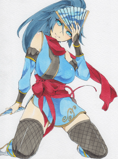 1girl, arm_warmers, bad_id, bad_pixiv_id, ballpoint_pen_(medium), bare_shoulders, black_thighhighs, blue_arm_warmers