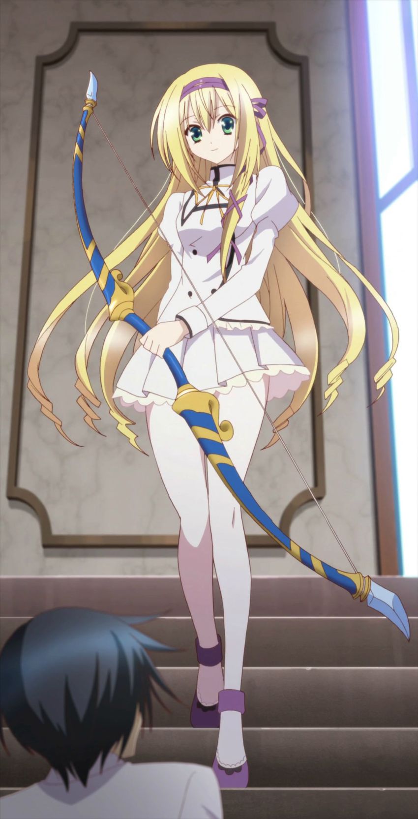 10s, absurdres, anime_screenshot, blonde_hair, bow_(weapon), green_eyes, headband, highres