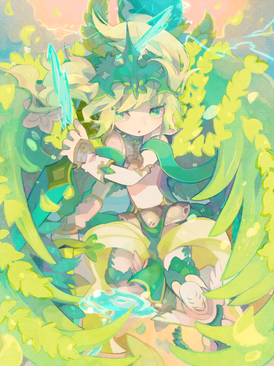1boy, angel, angel_wings, archangel_michael_(p&amp;d), bad_id, bad_pixiv_id, crown, green_eyes, green_hair, highres, male_focus, matching_hair/eyes, puzzle_&amp;_dragons, solo, sword, tadano_shiroko, weapon, wings