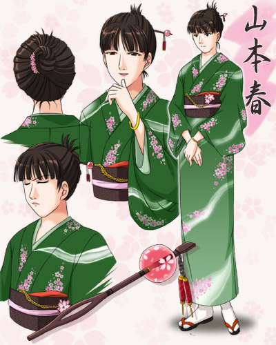 1girl, brown_eyes, brown_hair, japanese_clothes, kimono, lowres, taniguchi_mai