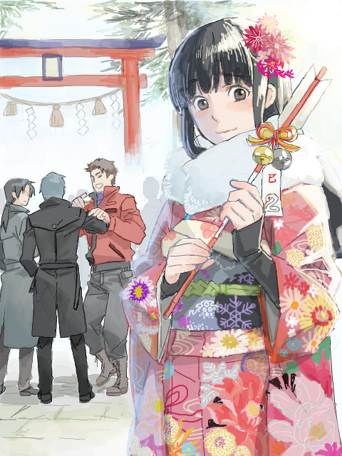 1girl, 3boys, bell, black_hair, blush, boots, brown_eyes, flower, grey_hair, hair_flower, hair_ornament, himeno_mikoto, himuro_hitoshi, holding, indesign, jacket, japanese_clothes, kaga_tsuyoshi, kaii_shoukougun, kimono, kirisaki_shouta, looking_at_viewer, multiple_boys, open_mouth, pants, ponytail, shadow, shoes, short_hair, short_ponytail, sidelocks, standing, torii, tree, wavy_mouth