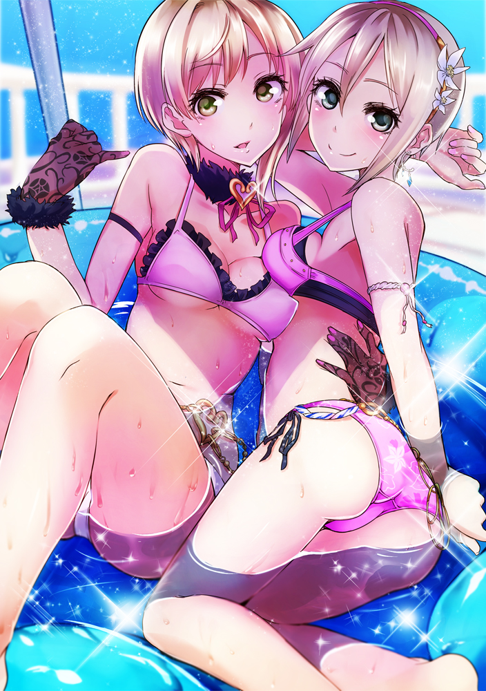 10s, 2girls, akai_kagerou, ass, asymmetrical_docking, bikini, blonde_hair, blue_eyes