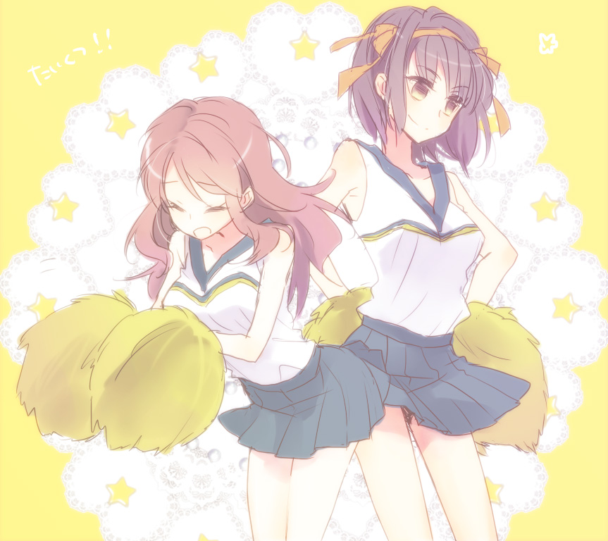 2girls, asahina_mikuru, bad_id, bad_pixiv_id, brown_eyes, brown_hair, cheerleader, closed_eyes