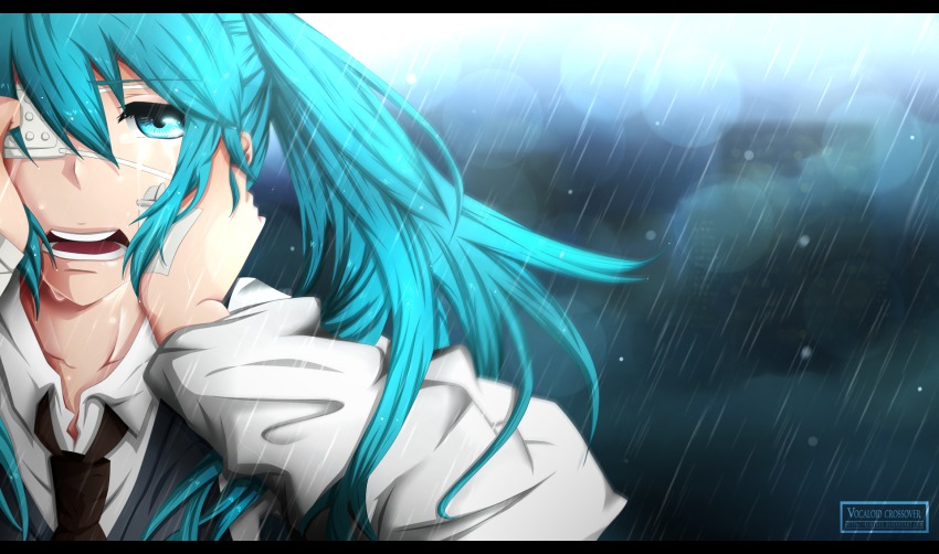 1girl, aqua_eyes, aqua_hair, cosplay, eyepatch, female_focus, hands_on_own_face, hatsune_miku