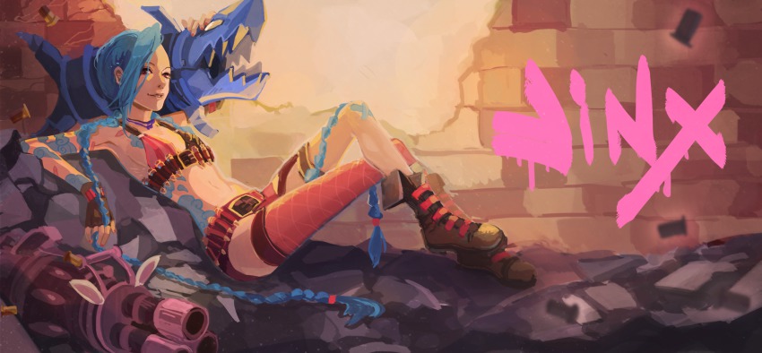 1girl, blue_hair, boots, braid, bullet, gloves, highres, jinx_(league_of_legends)
