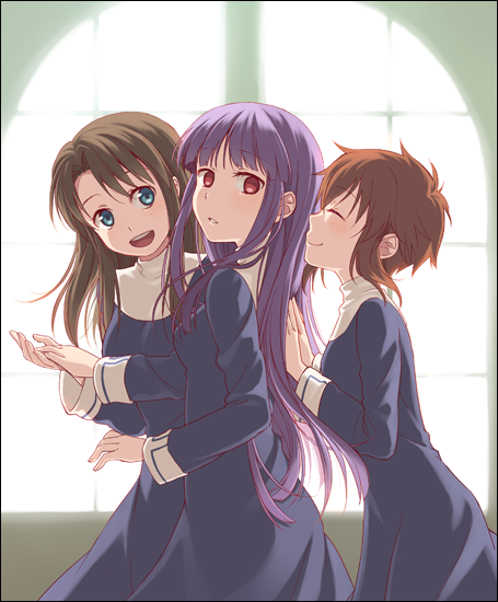 3girls, ^_^, asagami_fujino, brown_hair, closed_eyes, habit, kannuki_hisui, kara_no_kyoukai