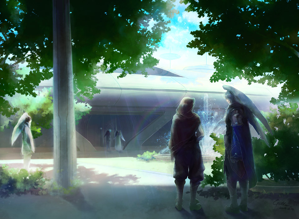 2boys, androgynous, black_footwear, black_pants, blue_cape, blue_hair, boots, brown_hair