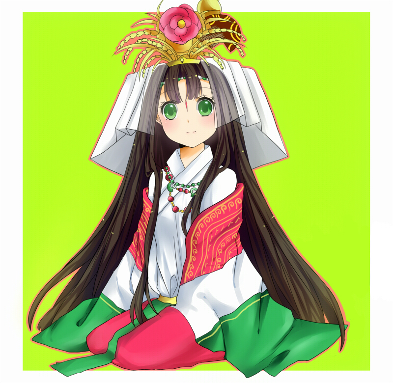 1girl, beads, blush, border, brown_hair, coat, facial_mark, female_focus