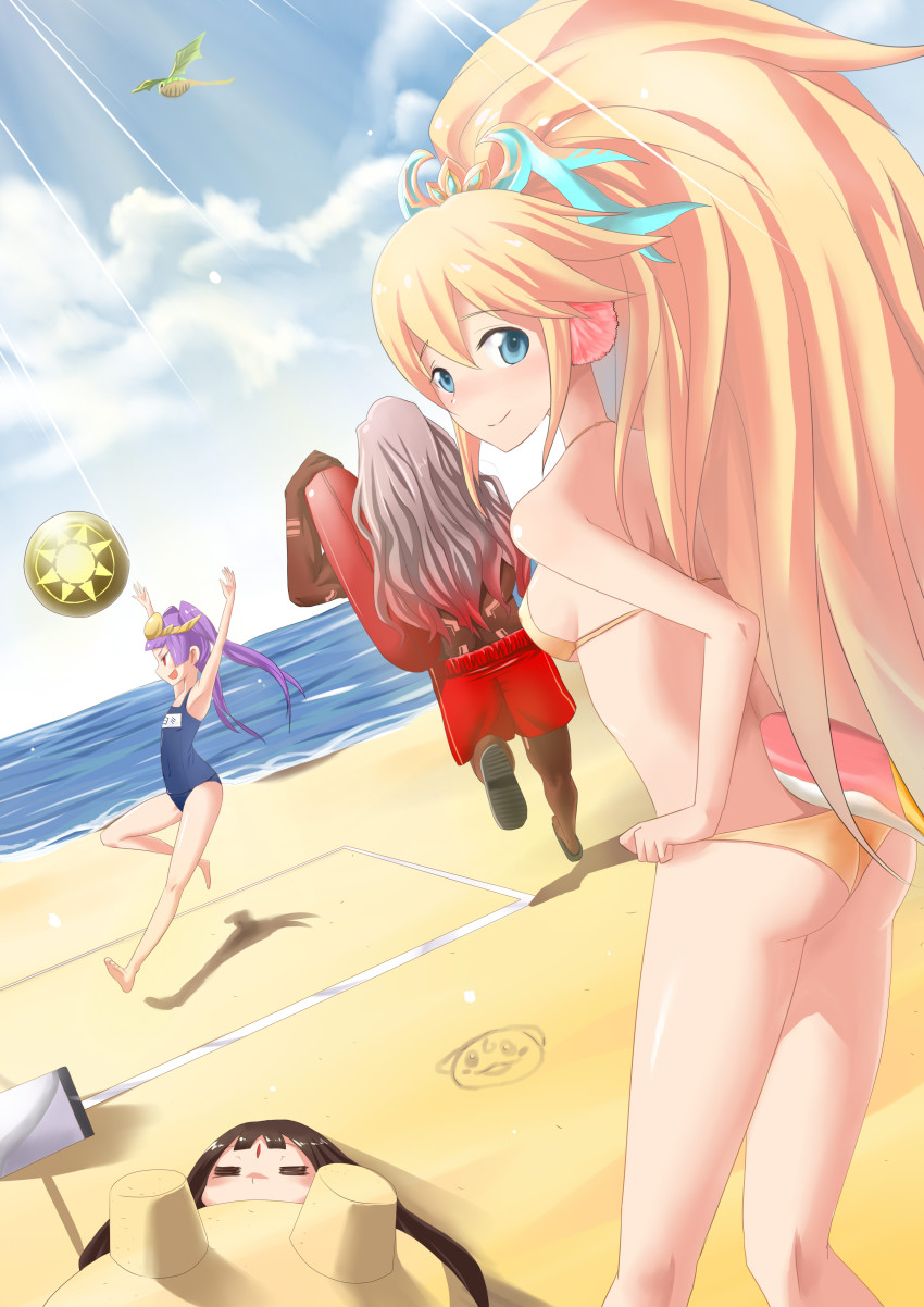 3girls, absurdres, ass, ball, barefoot, beach, beachball, bikini, blonde_hair, blue_eyes, blue_one-piece_swimsuit, blue_school_swimsuit, blue_sky, blush, breasts, brown_hair, buried, closed_eyes, cloud, day, dragon_plant_(p&amp;d), facial_mark, forehead_mark, hand_on_own_hip, headpiece, highres, horns, innertube, jacjoraazz, kushinada_(p&amp;d), long_hair, looking_back, luse_maonang, male_swimwear, medium_breasts, multiple_girls, name_tag, odin_(p&amp;d), old_school_swimsuit, one-piece_swimsuit, outdoors, pom_pom_(clothes), ponytail, purple_hair, puzzle_&amp;_dragons, red_eyes, red_male_swimwear, red_swim_trunks, sakuya_(p&amp;d), sand, sand_castle, sand_sculpture, school_swimsuit, shadow, shynee_(p&amp;d), sky, smile, sunlight, swim_ring, swim_trunks, swimsuit, tail, twintails, very_long_hair, water, yellow_bikini, yomi_(p&amp;d)
