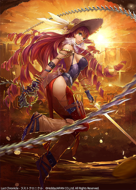 1girl, ass, bare_back, boots, breasts, company_name, copyright_name, drill_hair, feathers, female_focus, from_side, green_eyes, hat, holster, large_breasts, last_chronicle, long_hair, looking_at_viewer, nearupi, no_bra, no_panties, parted_lips, pink_hair, sheriff_badge, silver_(atelier-tengu), smile, solo, strapless, sunset, sword, thigh_holster, very_long_hair, weapon, whip