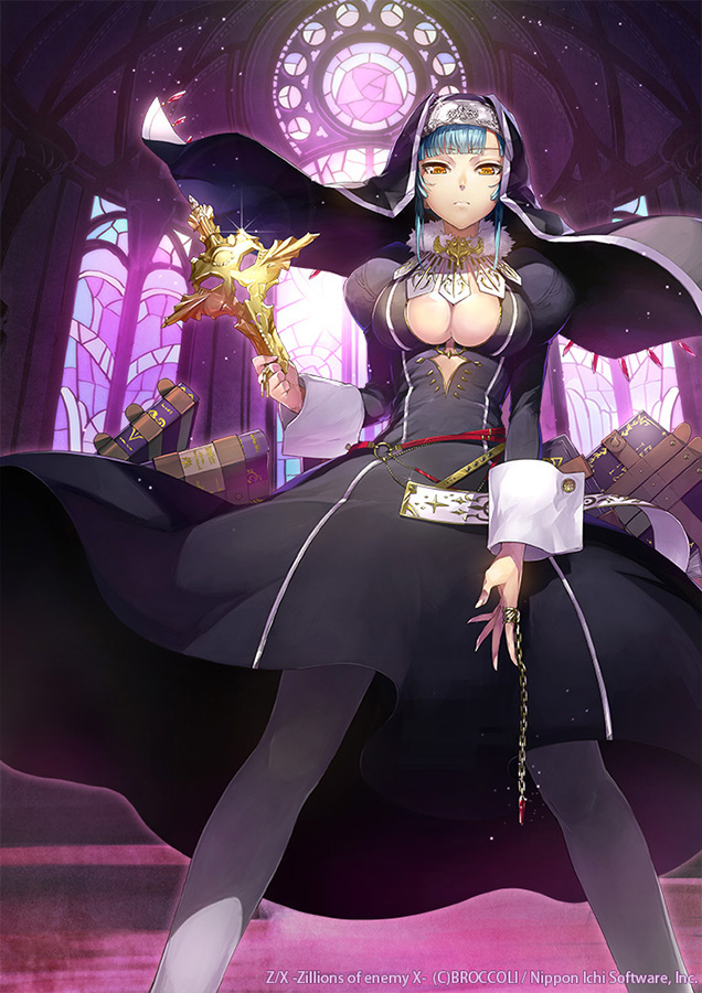 1girl, black_pantyhose, blue_hair, book, breasts, cleavage, female_focus, habit, large_breasts, looking_at_viewer, nun, nun_headdress, pantyhose, silver_(atelier-tengu), solo, stained_glass, yellow_eyes, z/x