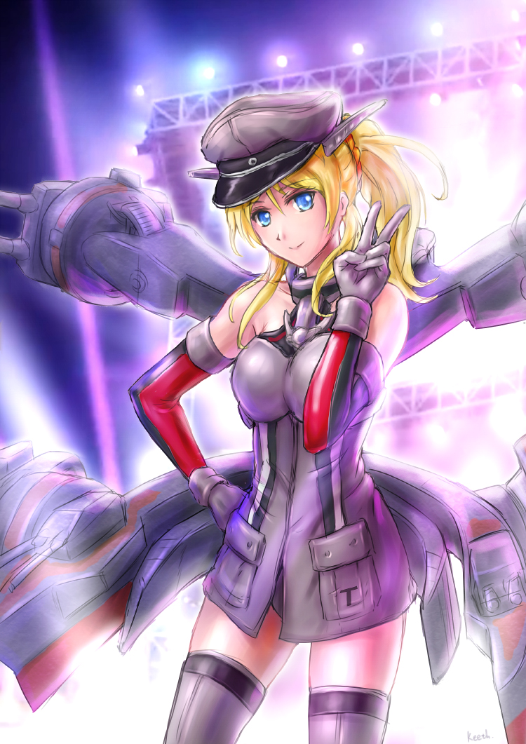 1girl, ayase_eli, bare_shoulders, bismarck_(kancolle), bismarck_(kancolle)_(cosplay), blonde_hair, blue_eyes, cosplay, dress, elbow_gloves, female_focus, floodlights, gloves, hat, kantai_collection, keeth, long_hair, looking_at_viewer, love_live!, love_live!_school_idol_project, military, military_hat, military_uniform, ponytail, sleeveless, sleeveless_dress, smile, solo, thighhighs, v, zettai_ryouiki