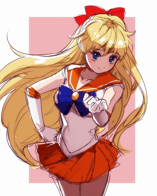 1girl, aino_minako, becky2006, bishoujo_senshi_sailor_moon, blonde_hair, blue_eyes, bow, choker, collarbone, earrings, elbow_gloves, female_focus, gloves, hair_bow, half_updo, hand_on_own_hip, jewelry, long_hair, looking_at_viewer, magical_girl, mayo_(becky2006), orange_skirt, outstretched_hand, pink_background, red_bow, sailor_collar, sailor_venus, short_sleeves, sketch, skirt, solo, tiara, two-tone_background, very_long_hair, white_background, white_gloves