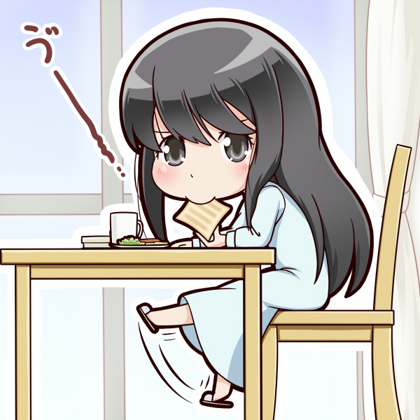 10s, 1girl, aldnoah.zero, black_eyes, black_hair, blush, bread, bread_slice, chair, chibi, cup, eating, female_focus, food, food_in_mouth, kaizuka_yuki, long_hair, looking_at_viewer, minagi_(gogogo), mouth_hold, mug, pajamas, sitting, slippers, solo, table, toast, toast_in_mouth