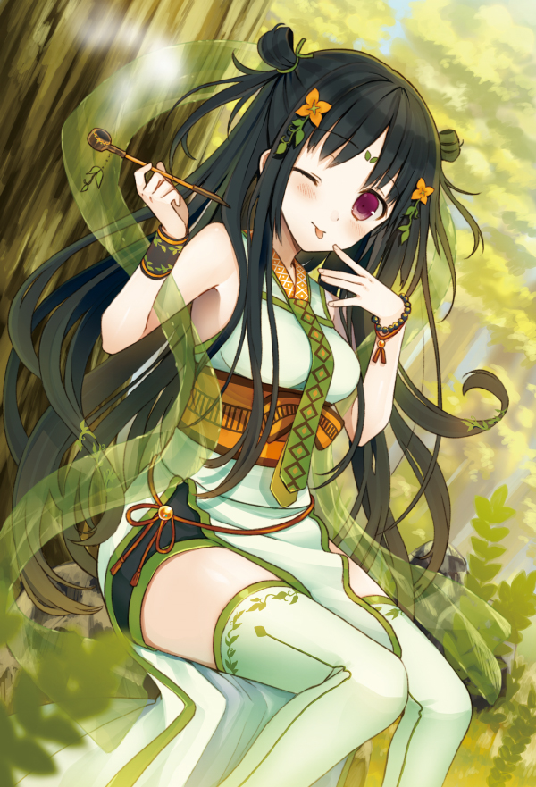 1girl, ;p, black_hair, blush, breasts, female_focus, flower, forest, hair_ornament, japanese_clothes, japanese_mythology, kaya-no-hime_(mythology), kimono, kiseru, leaf, long_hair, looking_at_viewer, medium_breasts, moeru!_jiten, moeru!_nihon_shinwa_no_megami_jiten, nature, necktie, one_eye_closed, original, outdoors, purple_eyes, sitting, sleeveless, smoke, smoking_pipe, solo, thighhighs, tongue, tongue_out, tree, yuuki_rika