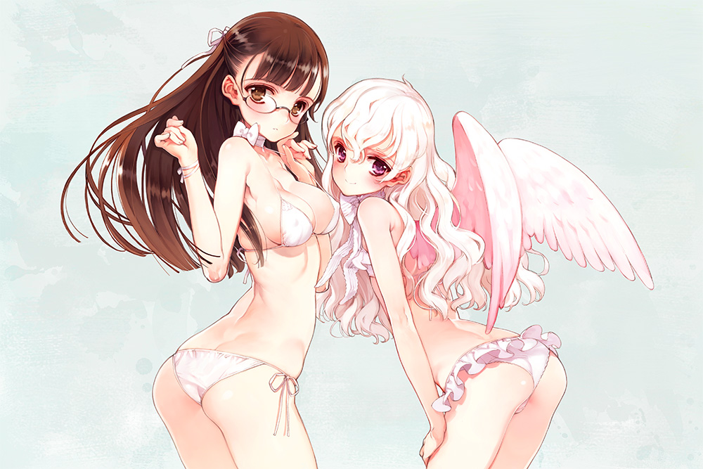 2girls, angel, angel_wings, arched_back, ass, back, bent_over, bikini, bikini_skirt, black_hair, blonde_hair, blunt_bangs, blush, bow, breasts, brown_eyes, brown_hair, butt_crack, choker, cleavage, covered_erect_nipples, cowboy_shot, dimples_of_venus, flat_chest, from_side, glasses, hair_between_eyes, hair_ribbon, half_updo, hands_on_thighs, koishikawa_kohane, kousaka_hatsumi, lace, leaning_forward, light_smile, long_hair, looking_at_viewer, looking_back, multiple_girls, ooyari_ashito, original, parted_lips, period, period_sweet_drops, purple_eyes, red_eyes, ribbon, rimless_eyewear, side-tie_bikini_bottom, sideboob, simple_background, skindentation, skinny, smile, strap_pull, string_bikini, swimsuit, wavy_hair, white_bikini, white_hair, white_wings, wings, wrist_ribbon