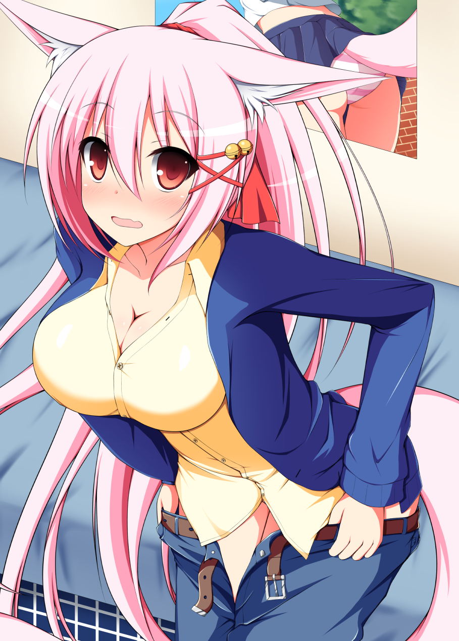 1girl, animal_ears, bell, blush, breasts, cleavage, dressing, female_focus