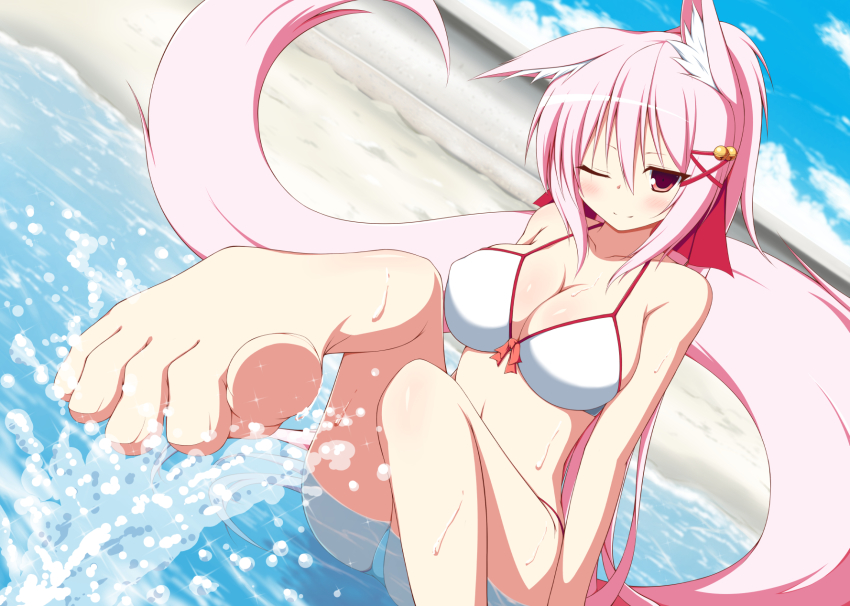 1girl, animal_ears, bad_perspective, barefoot, beach, bikini, blush, breasts, feet, female_focus, foot_focus, foreshortening, fox_ears, fox_tail, highres, kazamatsuri_kazari, kemonomimi_mode, large_breasts, long_hair, mizuki_(kogetsu-tei), ocean, one_eye_closed, original, pink_hair, red_eyes, smile, solo, splashing, swimsuit, tail, toes, very_long_hair, very_long_tail, wet, white_bikini