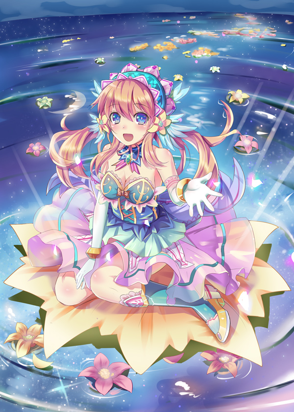 1girl, :d, blue_eyes, breasts, brown_hair, character_request, cleavage, elbow_gloves