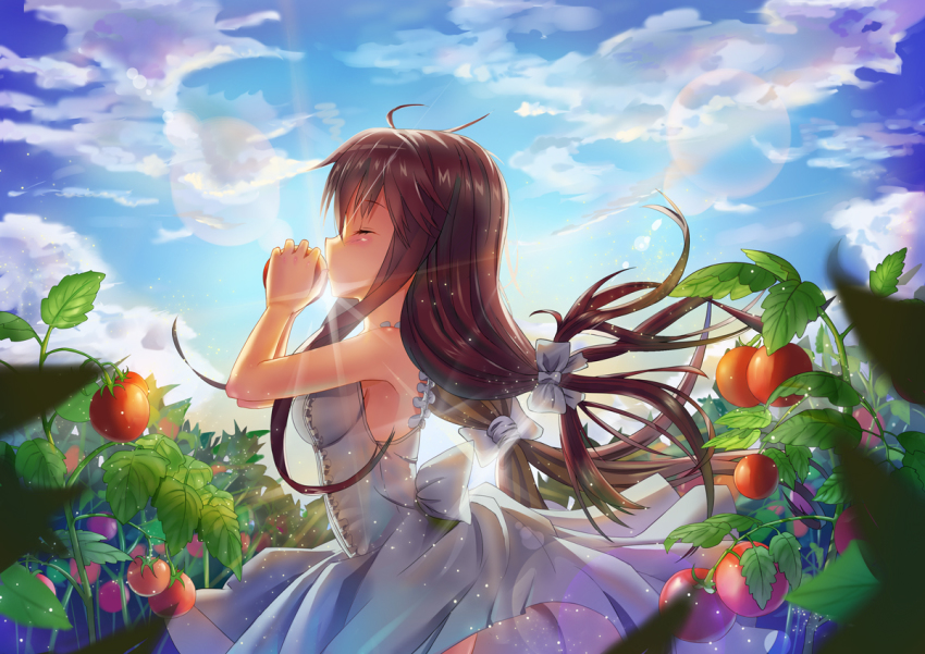 1girl, bow, breasts, brown_hair, closed_eyes, cloud, cloudy_sky, day